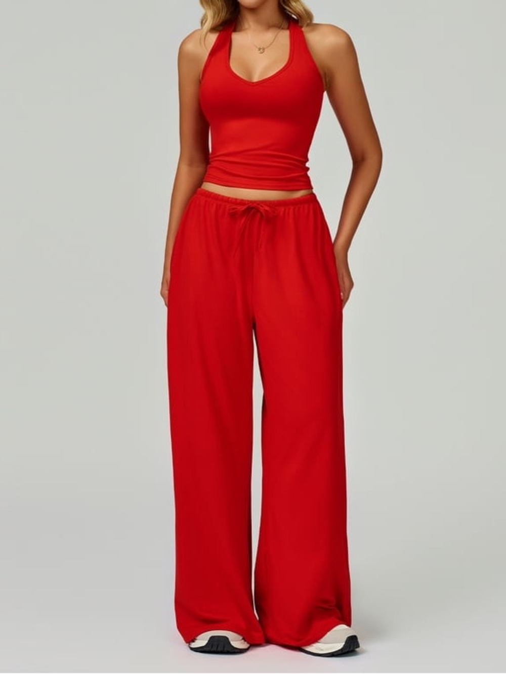 Amazon Women’s Red 2-Piece Athleisure Set Halter Top Wide Leg Pants Size Small